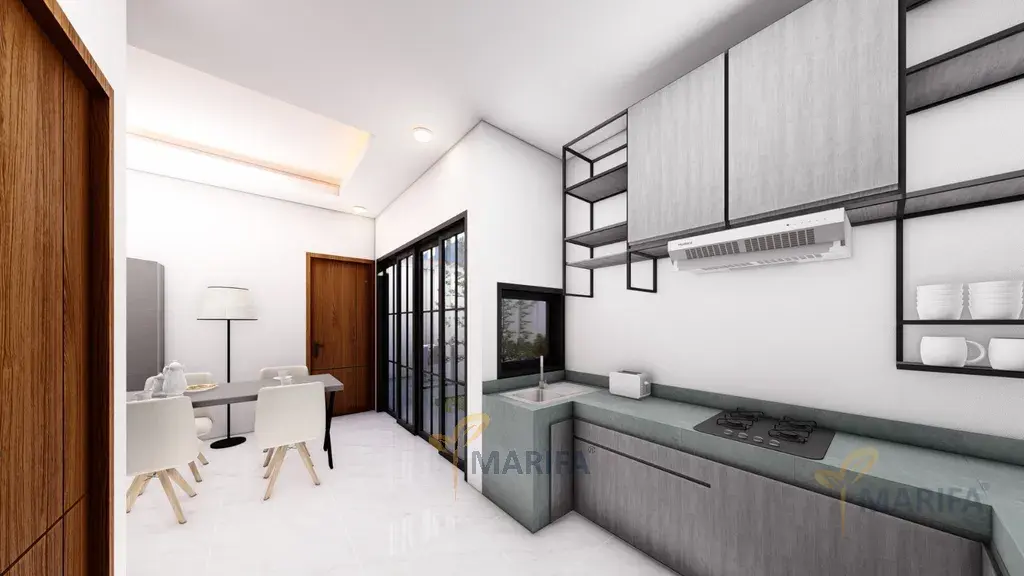 Tukang bangunan sedang bekerja membangun struktur rumah