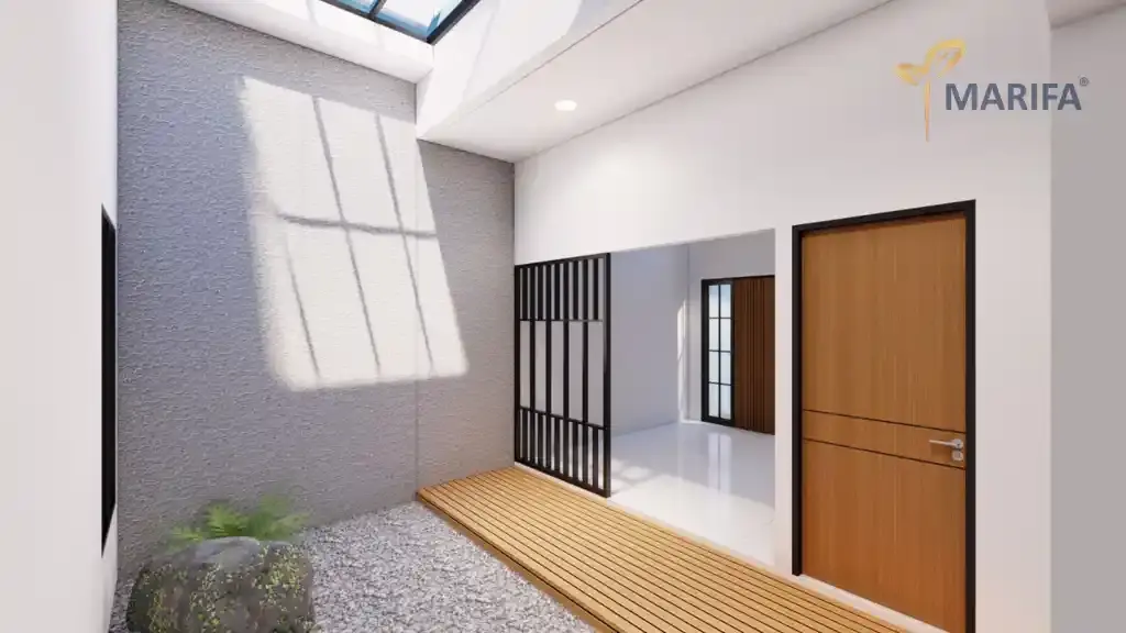 interior kamar kos efisien yang bersih dan terang